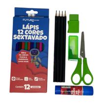 Kit Material Escolar 12 Cores Completo Borracha Apontador