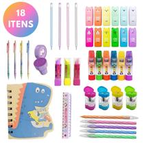 Kit Material Escolar 18 Itens Papelaria Fofa Colorido Pastel