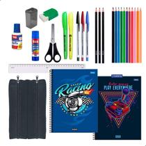 Kit Material Escolar 2 Cadernos 1 Matéria Estojo Duplo + Itens Masculino