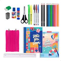 Kit Material Escolar 2 Cadernos 96fls Estojo + Itens Feminino