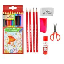 Kit Material Escolar 20 Peças Lápis De Cor Tesoura Cola Lápis de escrita Borracha Apontador
