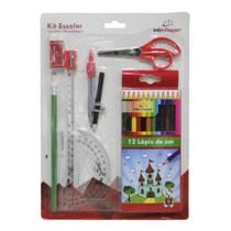 Kit Material Escolar 20 Peças Lápis Régua Tesoura Compasso Esquadro Lápis de Cor Transferidor Apontador Borracha