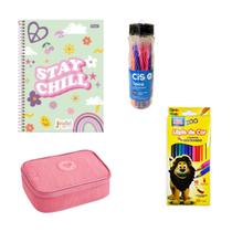 Kit Material Escolar 38 Itens Caderno Garrafa 24 Canetas CIS Estojo Grande Organizador Rosa Menina