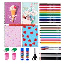 Kit Material Escolar 40 Itens Caderno 10 Materias Infantil Juvenil Ensino Medio Fundamental - Menina