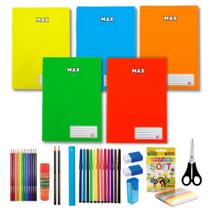 Kit Material Escolar 5 Cadernos Brochurão + 32 Acessórios