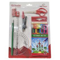 Kit Material Escolar 9 Peças Lápis Réguas Tesoura Compasso Borracha Apontador Lápis de Cor 12 Cores Kit Material Escolar 9 Peças Lápis Réguas Tesoura Compasso Borracha Apontador Lápis de Cor 12 Cores