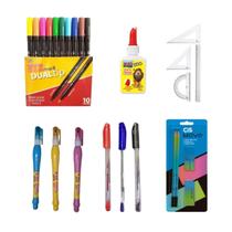 Kit Material Escolar Aluno Colorido Canetas Cola Conjunto