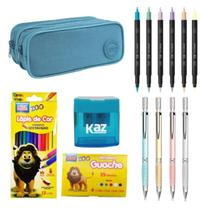 Kit Material Escolar Aluno Colorido com 29 Itens Estudante Estojo Grande Marcador Dual Brish Lapis Kit Material Escolar Aluno Colorido com 29 Itens Estudante Estojo Grande Marcador Dual Brish Lapis