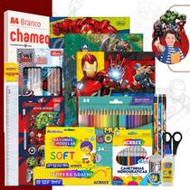 Kit Material Escolar Avengers Volta As Aulas 74 itens com Cadernos Completo Ensino Fundamental ou Infantil