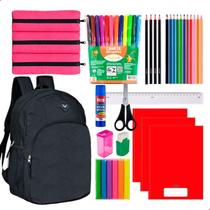 Kit Material Escolar Caderno Brochura Estojo Duplo + Itens Feminino
