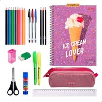 Kit Material Escolar Caderno Estojo Caneta Marcador Lapis Feminino