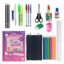 Kit Material Escolar Caderno Estojo Caneta Marcador Lapis Masculino -