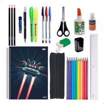 Kit Material Escolar Caderno Estojo Caneta Marcador Lapis Masculino