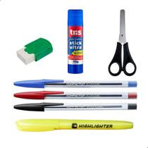 Kit Material Escolar Canetas Marcador de Texto Tesoura Cola Borracha