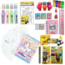 Kit Material Escolar com 133 itens Criança Pré Escola Feminino Pintura Criatividade Aluna Menina Pintar Color Desenhar