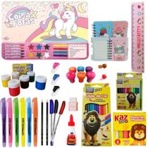 Kit Material Escolar com 66 itens Criança Pré Escola Feminino Pintura Criatividade Aluna Menina Pintar Color Desenhar
