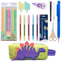 Kit Material Escolar Com Estojo Dinossauro + Caneta Apagavel Ursinho + Lapis de cor - Leo e Leo Kit Material Escolar Com Estojo Dinossauro + Caneta Apagavel Ursinho + Lapis de cor - Leo e Leo