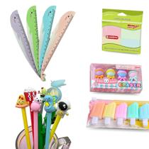 Kit Material Escolar Com Régua Borrachas Caneta e Bloco Adesivo Kit Material Escolar Com Régua Borrachas Caneta e Bloco Adesivo
