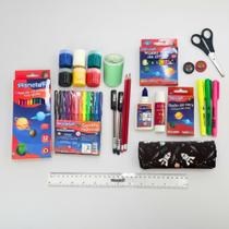 Kit Material Escolar Completo Caneta Lápis de Cor Borracha Lápis Tesoura Recadinho Marca Texto