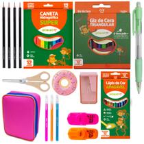 Kit Material Escolar Completo Com Estojo Duplo + Canetinha _ Giz de Cera + Lapis de Cor - Leo e Leo