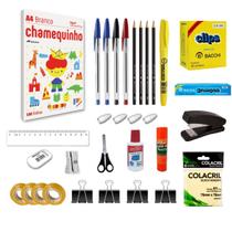 Kit material escolar e escritório com 32 itens + folha de sulfite - Chamequinho