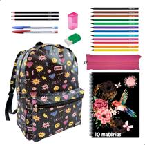 Kit Material Escolar Economico Mochila Estojo Caderno 10 Matérias + Itens Emojis