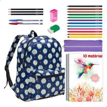 Kit Material Escolar Economico Mochila Estojo Caderno 10 Matérias + Itens Margaridas