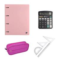 Kit Material Escolar Escritório Calculadora Estojo Régua Caderno Argolado Rosa Pastel Juvenil Adulto