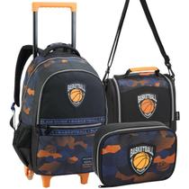 Kit Material Escolar Estampa Esportiva para Criança Infantil Menino Mochila de Rodinhas Lancheira Térmica Estojo Grande Box Design Reforçado
