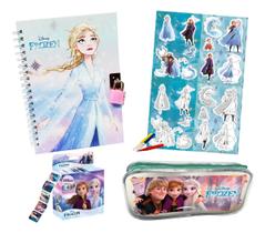Kit Material Escolar Estojo Diario Adesivos Disney Meninas Frozen Princesas Minnie Volta ás Aulas