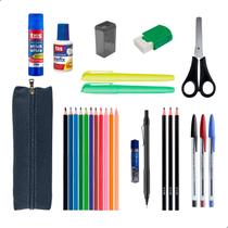 Kit Material Escolar Estojo Lapis De Cor Canetas Marcador Cola Tesoura E Mais - Menino