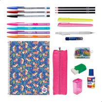 Kit Material Escolar Feminino Caderno Tilibra 10 Matérias Estojo + 20 itens Kit Material Escolar Feminino Caderno Tilibra 10 Matérias Estojo + 20 itens