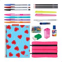 Kit Material Escolar Feminino Caderno Tilibra 10 Matérias Estojo + 20 itens