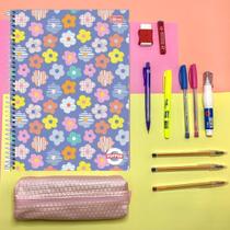 Kit Material Escolar Feminino Essencial Completo com Caderno de 10 Materias com 160 Folhas, Lapiseira, Borracha, Canetas, Corretivo e Grafite