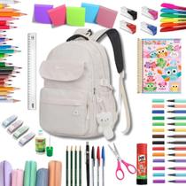 Kit Material Escolar Feminino Juvenil Completo OEM com Mochila Estojo e Caderno Bege