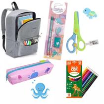 Kit Material Escolar Fundo Do Mar 7 Itens Com Mochila