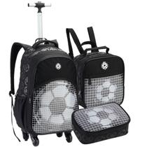 Kit Material Escolar Futebol Mochila de Rodinhas Lancheira Térmica Estojo Meninos Criança Infantil Material Resistente Alça Confortável Aulas