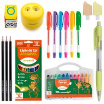 Kit Material Escolar Giz De Cera Gel + Lapis de Cor + Marca Texto + Canetas Neon - Leo e Leo