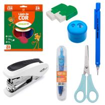 Kit Material Escolar Grampeador Lapiseira Lapis De Cor Lapiseira e Compasso Neon - Leo e Leo