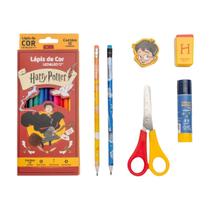 Kit Material Escolar Infantil 6 itens Tesoura Cola Borracha Lapis De Cor 12 Cores Harry Potter
