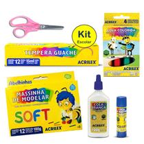 Kit Material Escolar Infantil 6 peças Acrilex com Guache Tempera Tesoura Cola Branca e Cola Colorida