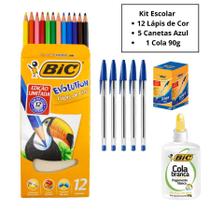 Kit Material Escolar Infantil Bic Lápis de Cor Canetas Cola