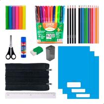 Kit Material Escolar Infantil Caderno Brochura Estojo Duplo Preto Mais Itens Kit Material Escolar Infantil Caderno Brochura Estojo Duplo Preto Mais Itens
