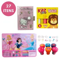 Kit Material Escolar Infantil com 27 itens Feminino Pintura Pré Escola Criança Criatividade Imaginação Brincandeira