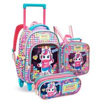 Kit Material Escolar Infantil Feminina Estampada P/ Menina Mochila de Rodinhas + Lancheira Térmica + Estojo