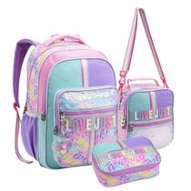 Kit Material Escolar Infantil Feminino com Mochila de Costas Lancheira Térmica Estojo Box Grande Compartimento Design Colorido Resistente Meninas Kit Material Escolar Infantil Feminino com Mochila de Costas Lancheira Térmica Estojo Box Grande Compartimento Design Colorido Resistente Meninas