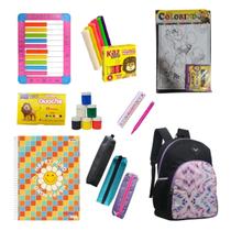 Kit Material Escolar Infantil Volta as Aulas 49 Itens com Ábaco e Mochila Caderno Massinha Tinta
