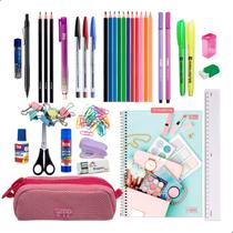 Kit Material Escolar Itens Essenciais Caderno Estojo Caneta Feminino