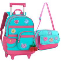 Kit Material Escolar Juju com Mochila de Rodinhas e Lancheira Térmica Alça Confortável Transversal para Meninas Infantil Design Colorido