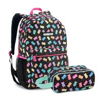 Kit Material Escolar Juvenil Estojo Organizador Mochila Grande Oncinha Bolso Frontal Preta Feminina